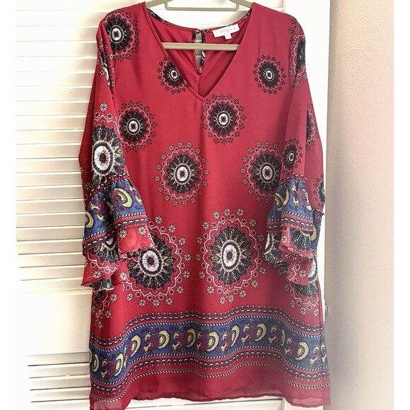 UMGEE Red Paisley Boho Tunic XL Relaxed Fit Tiered Flutter Sleeves Sheer Overlay - Picture 3 of 11